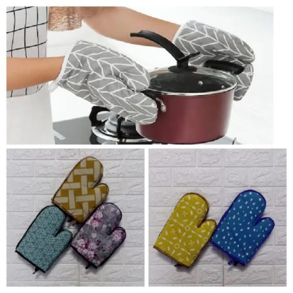 Pack of 2 High Quality Kitchen Cooking Cotton Microwave Oven Gloves Mitts Pot Pad Heat Proof Protected-Random color - Image 2
