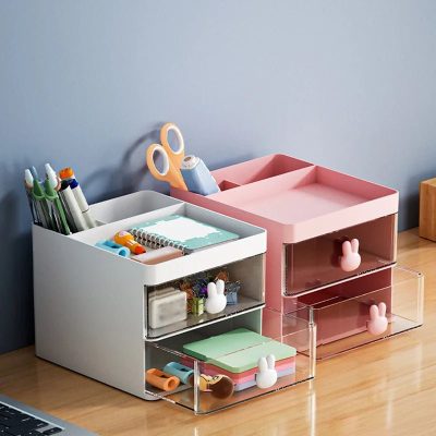 NCANRUI Desktop Storage Box Tube Transparent Drawer Rabbit Storage Box Children’s and Students’ Office Desktop Ornaments Blue