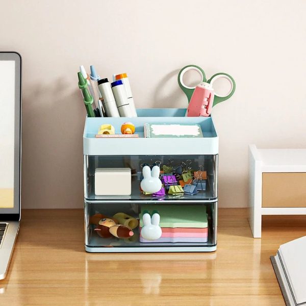 NCANRUI Desktop Storage Box Tube Transparent Drawer Rabbit Storage Box Children's and Students' Office Desktop Ornaments Blue - Image 3