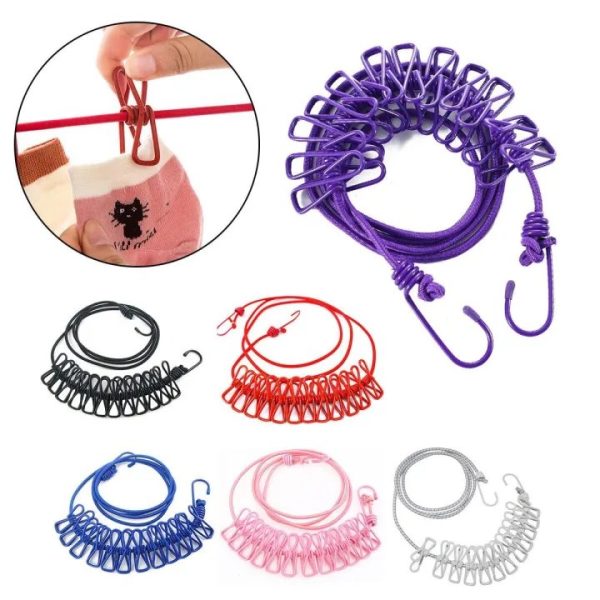 Portable Clothing Clothesline With 12 Clips Retractable Laundry Dryer Clothes Rope Drying Rack Cloth Hanging Line For Outdoor