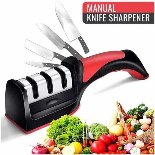 Knife Sharpener 3-Stage Manual Knife Sharpening Tool Portable Kitchen Professional Knife Sharpener Helps Repair Restore and Polish Blades (Black+Red)