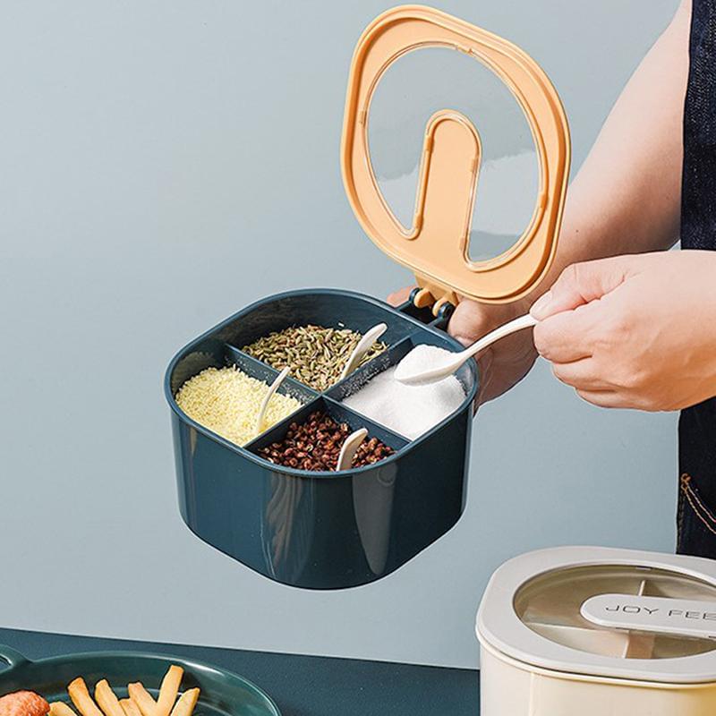 4 In 1 Partition Kitchen Seasoning Box Masala Box Set 4 Grid Portion Spice Jar Container Square Pepper Pot Box Spice Rack Kitchen Storage 4 Compartments Salt Box Achar Jar Dry...